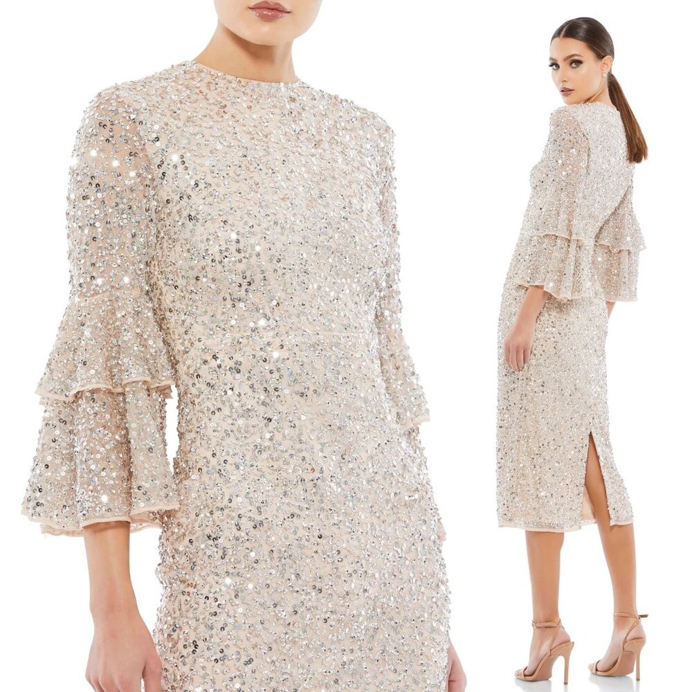 MAC DUGGAL | FULLY SEQUINED RUFFLE TIERED 3/4 SLEEVE MIDI DRESS 10802